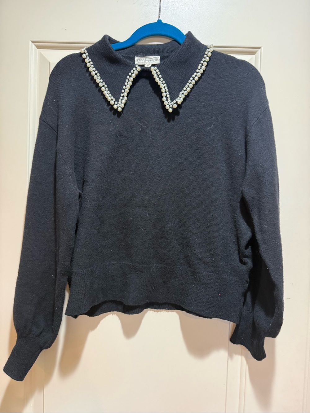 Black Pearl-Collar Crewneck Sweater